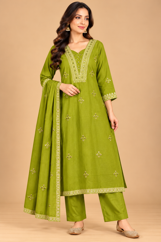 Parrot Green Embroidered Straight Kurta Palazzo Set with Dupatta for Women
