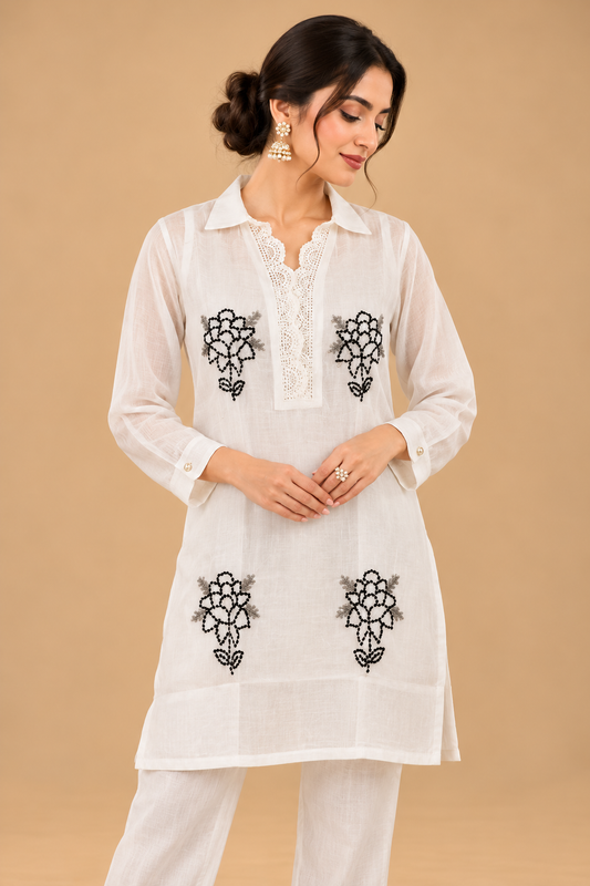 Elegant Ivory White Short Kurta Set with Black Floral Embroidery and Matching Pants for Women