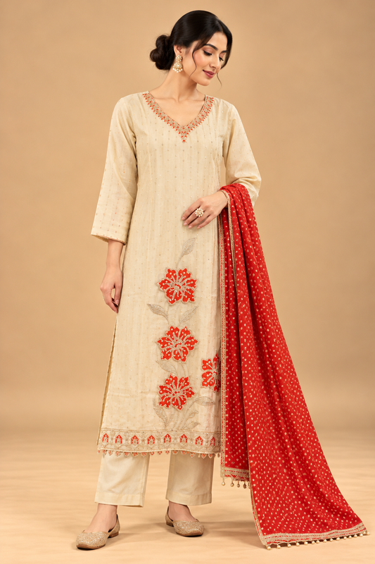 Elegant Ivory Cream Kurta Set with Red Floral Embroidery, Straight Pants and Contrasting Red Dupatta for Women