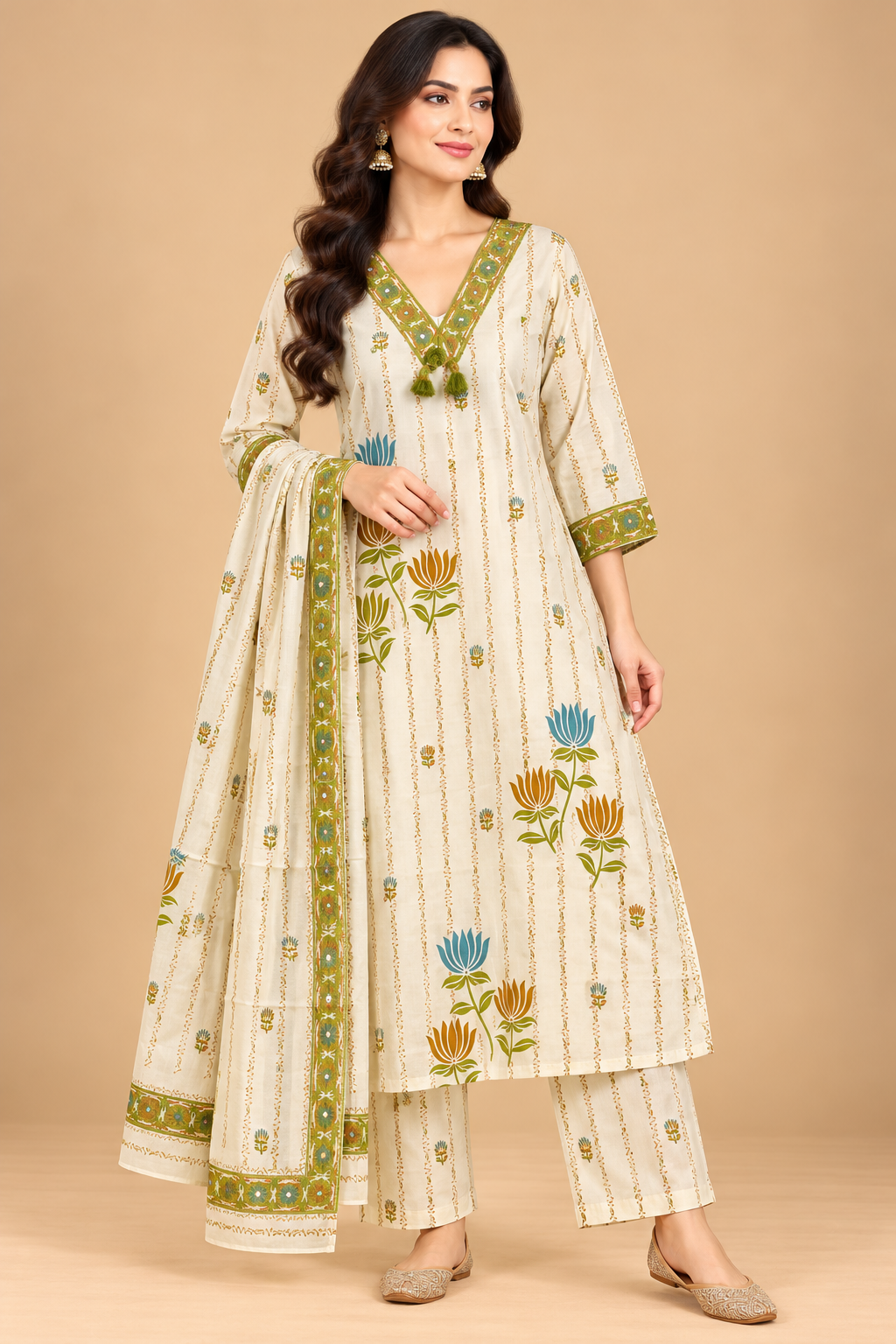 Ivory Cream Floral Printed A-Line Kurta Palazzo Set with Dupatta for Women
