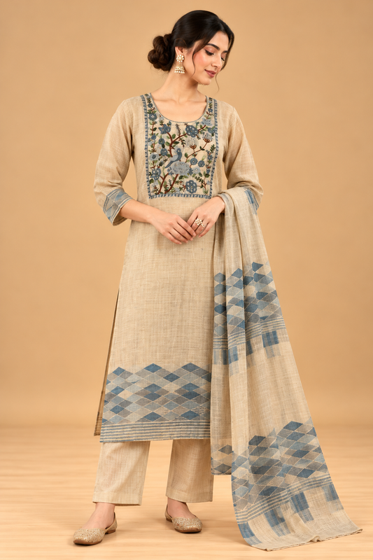 Elegant Beige Floral Embroidered Straight Kurta Set with Blue Geometric Print, Pants and Dupatta for Women
