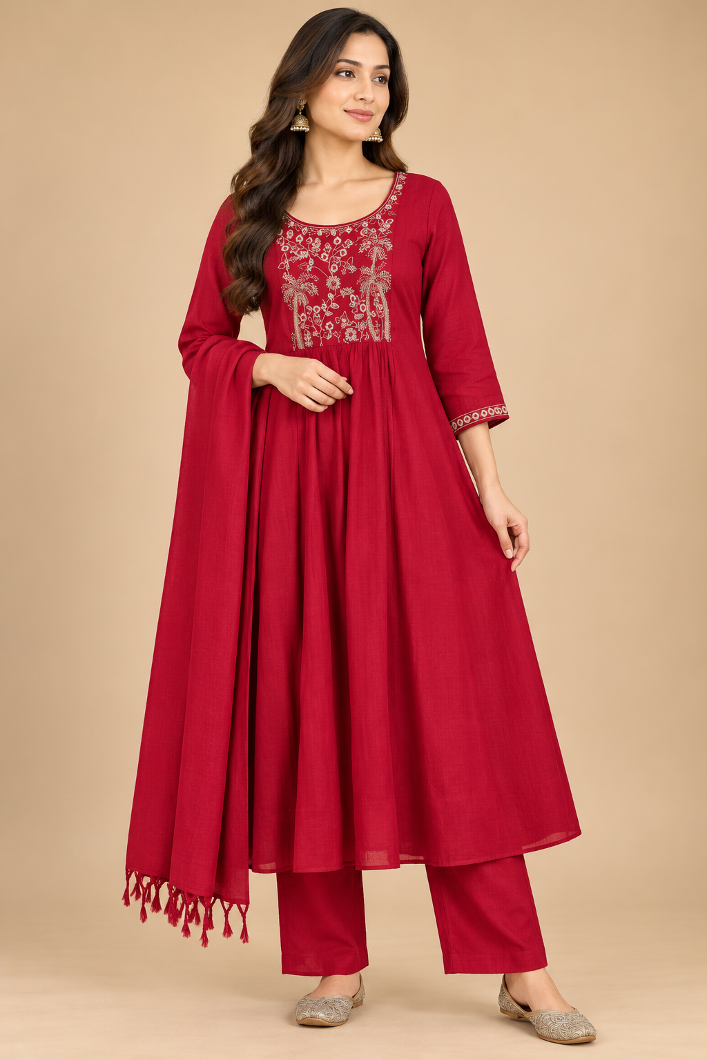 Maroon Embroidered Anarkali Kurta Set with Matching Dupatta and Straight Pants for Women