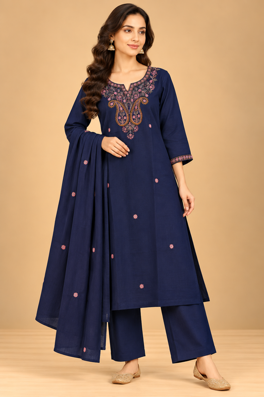 Navy Blue Paisley Embroidered A-Line Kurta Palazzo Set with Dupatta for Women