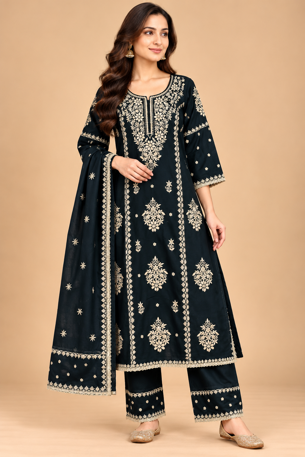 Navy Blue Floral Embroidered A-Line Kurta Palazzo Set with Dupatta for Women