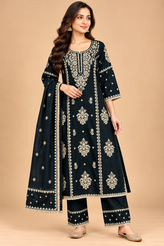 Navy Blue Floral Embroidered A-Line Kurta Palazzo Set with Dupatta for Women