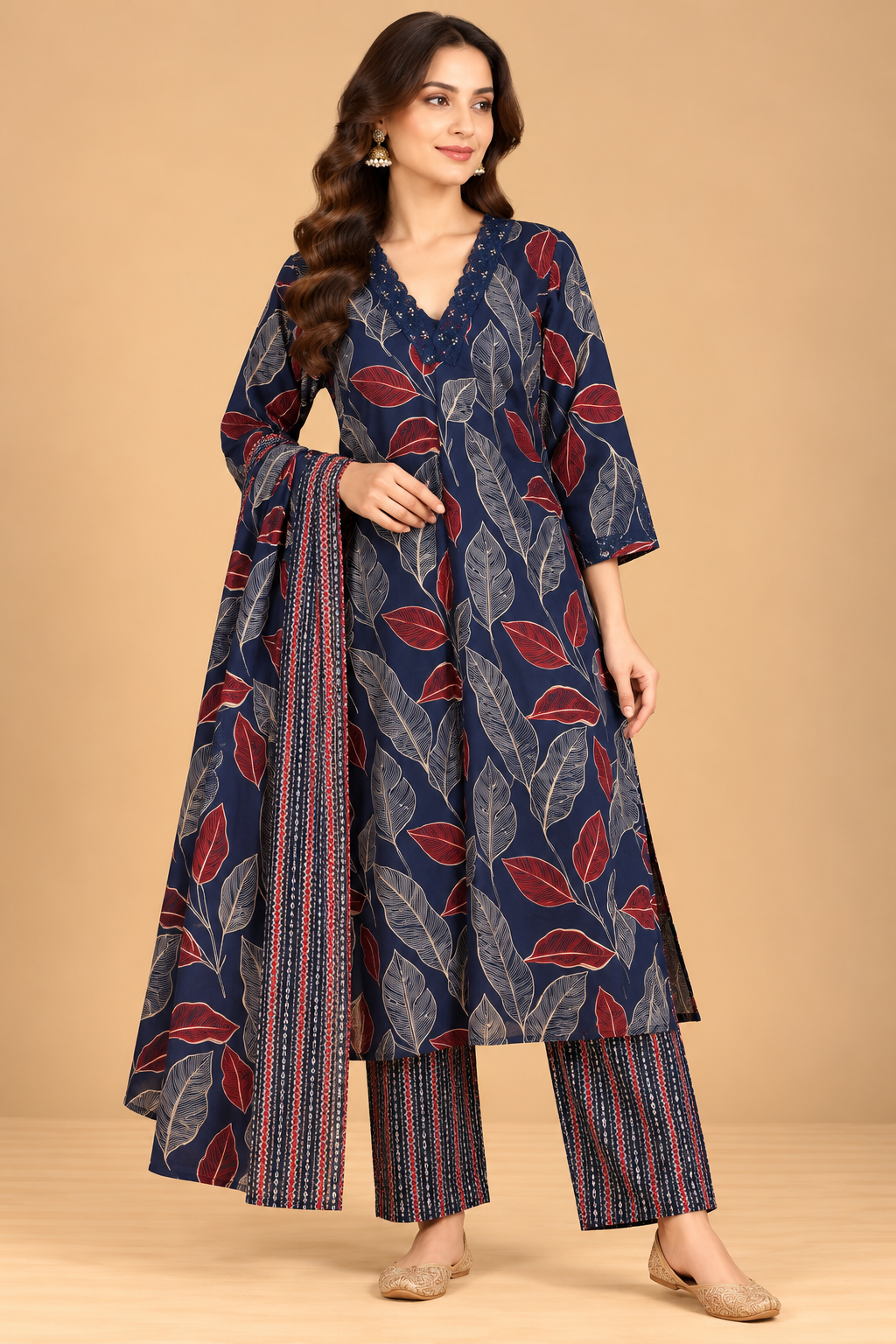 Navy Blue Leaf Printed A-Line Kurta Palazzo Set with Dupatta for Women