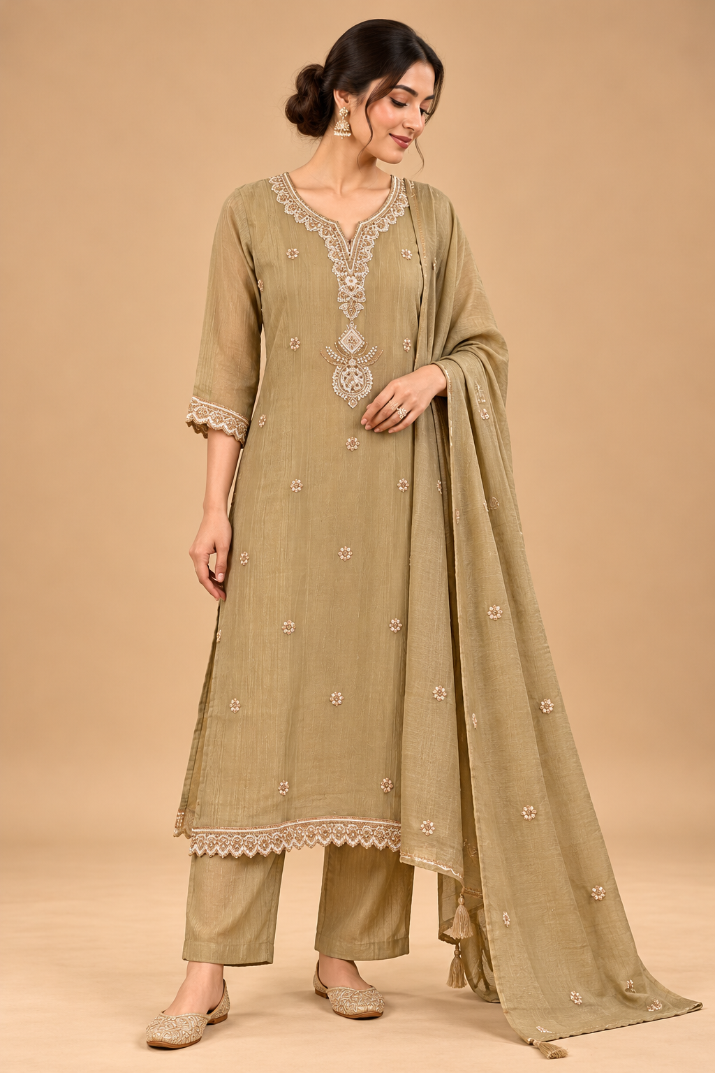 Elegant Olive Green Embroidered Straight Kurta Set with Pants and Dupatta for Women