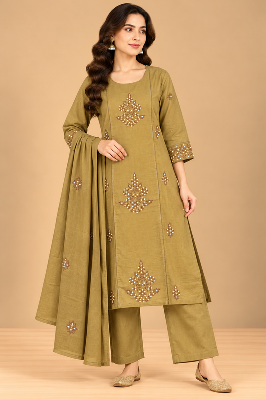 Olive Mustard Embroidered Straight Kurta Palazzo Set with Dupatta for Women