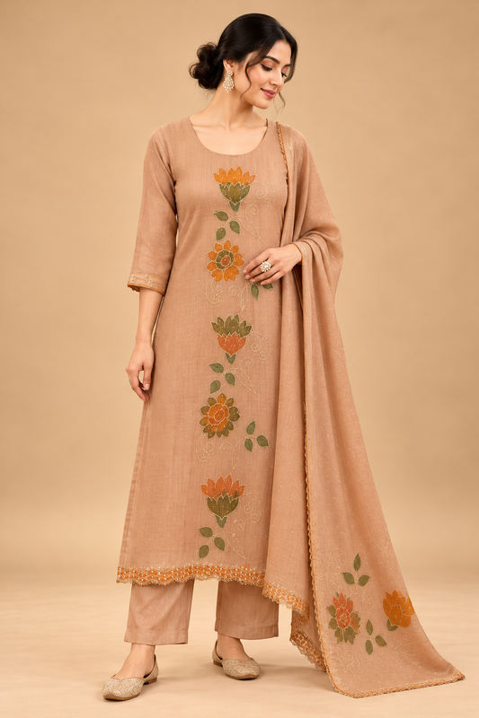 Elegant Peach Floral Embroidered Straight Kurta Set with Pants and Dupatta for Women