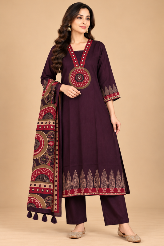 Deep Plum Printed A-Line Kurta Set with Maroon Designer Dupatta and Straight Pants for Women