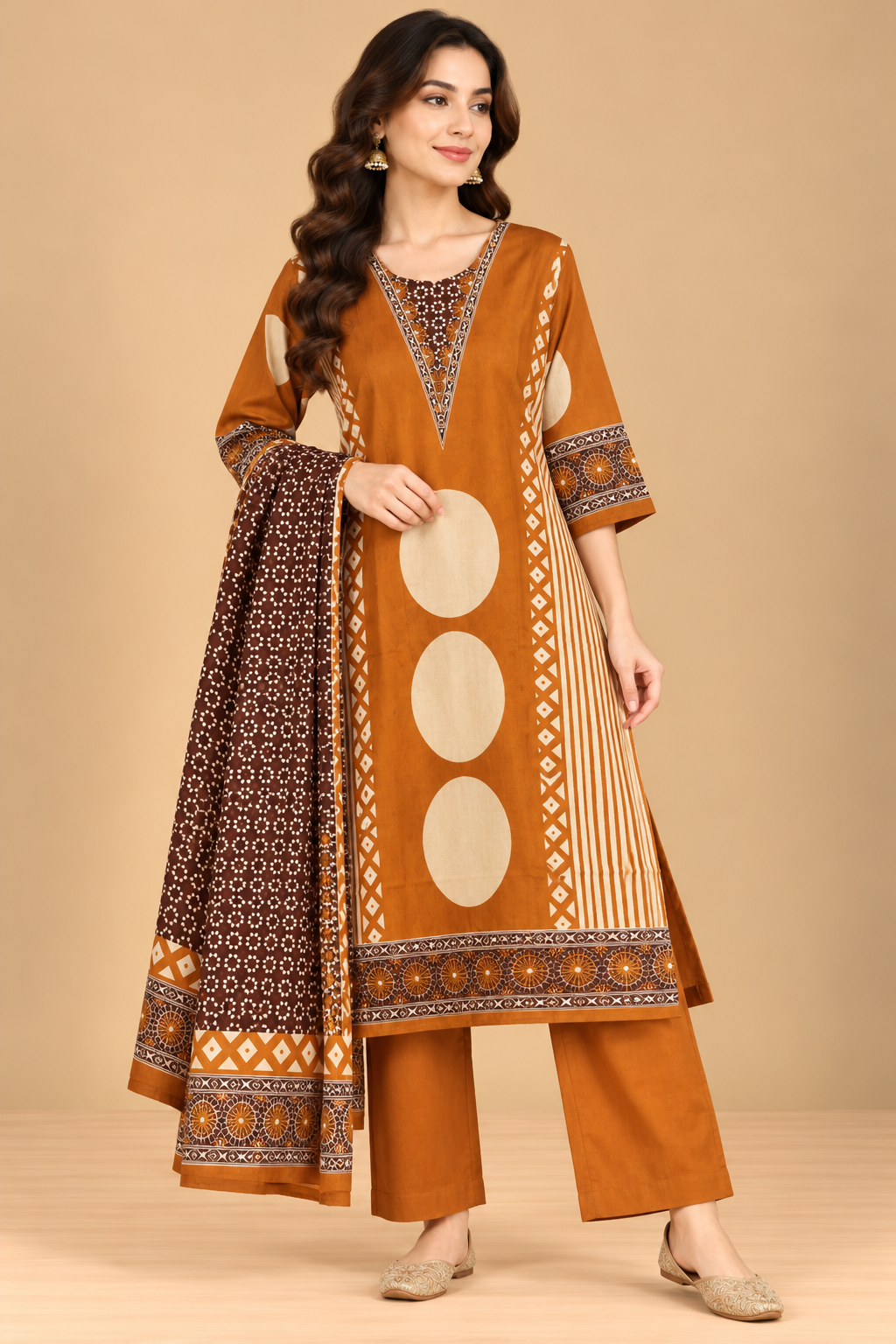 Rust Orange Geometric Printed A-Line Kurta Palazzo Set with Dupatta for Women