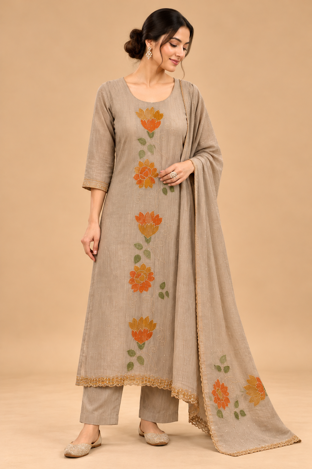 Elegant Taupe Beige Floral Embroidered Straight Kurta Set with Pants and Dupatta for Women