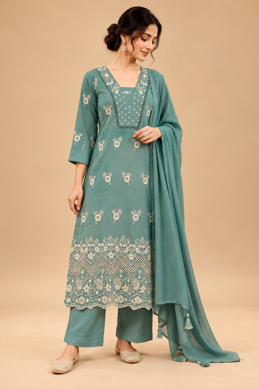 Elegant Teal Green Embroidered Straight Kurta Set with Palazzo Pants and Dupatta for Women