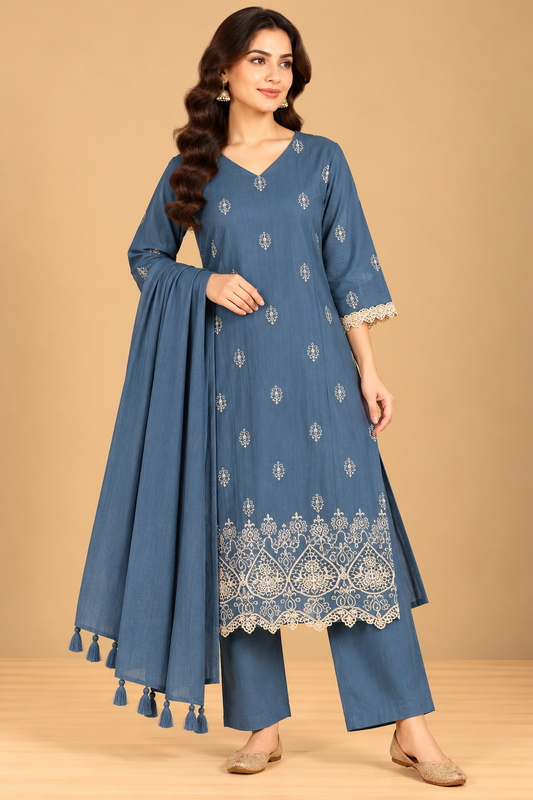 Dusty Teal Blue Embroidered A-Line Kurta Palazzo Set with Dupatta for Women
