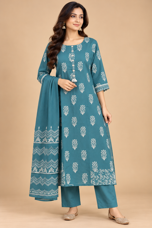 Teal Green Embroidered A-Line Kurta Set with Matching Pants and Dupatta for Women