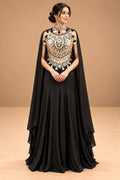 Elegant Black Designer Cape Gown with Gold Embroidered Bodice & Tassel Detailing