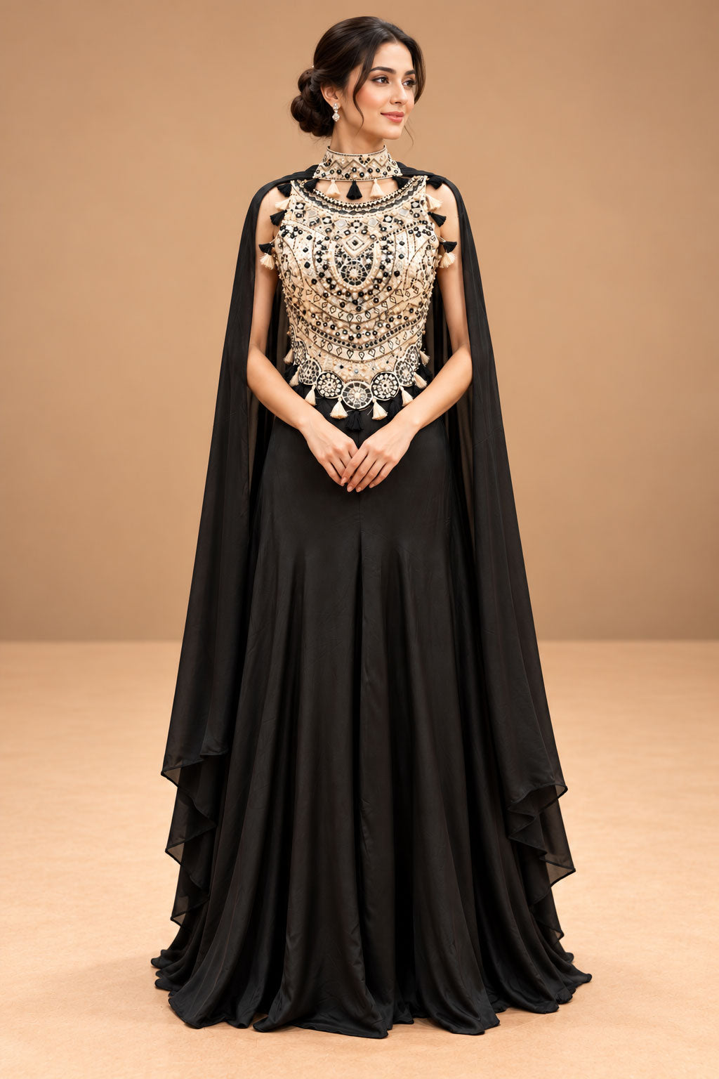 Elegant Black Designer Cape Gown with Gold Embroidered Bodice & Tassel Detailing