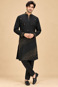 Black and Gold Embellished Men's Kurta Pant Set with Diagonal Ornamental Detailing