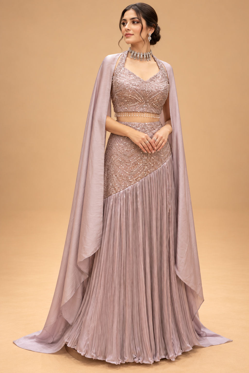 Elegant Dusty Mauve Embellished Designer Lehenga Set with Cape Dupatta