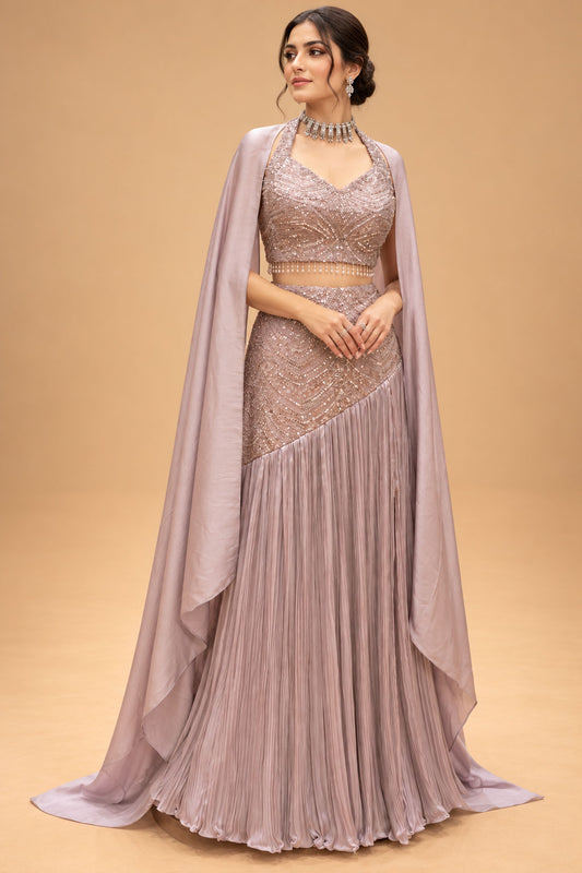 Elegant Dusty Mauve Embellished Designer Lehenga Set with Cape Dupatta