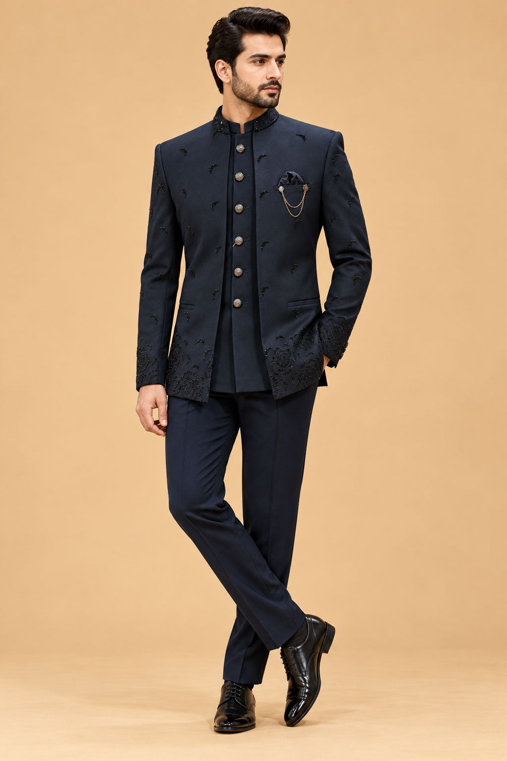 Premium Navy Blue Men's Designer Indo-Western Sherwani Suit with Black Embellished Floral Detailing
