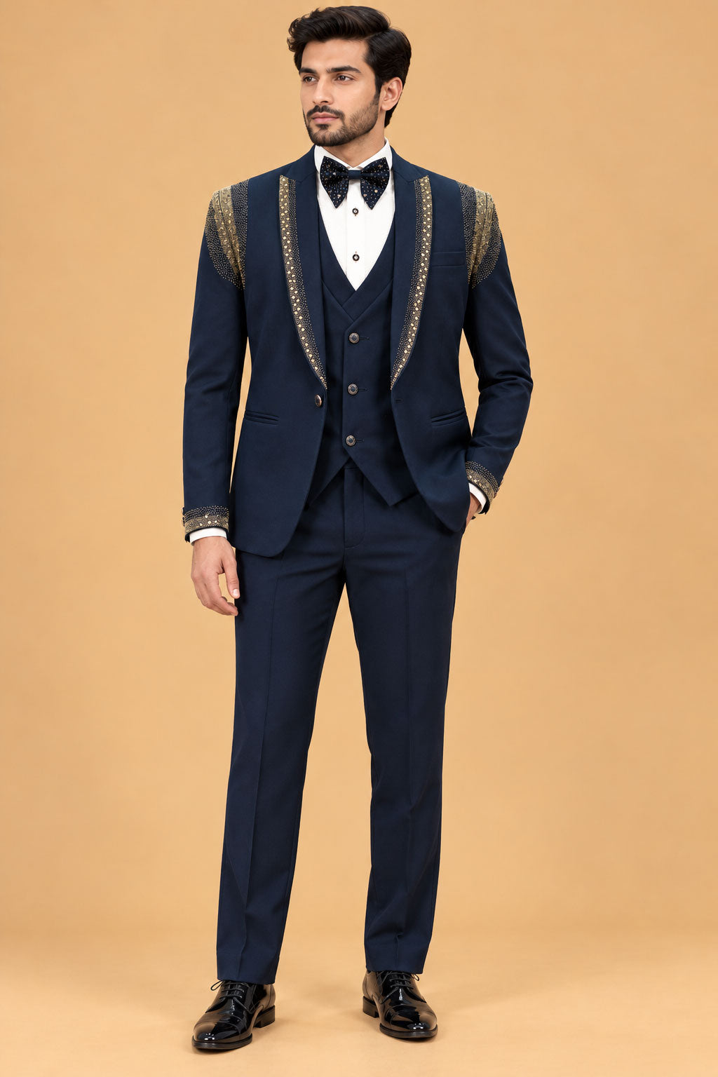 Premium Navy Blue Men's Three-Piece Tuxedo Suit with Gold Embellished Shawl Lapel and Designer Detailing