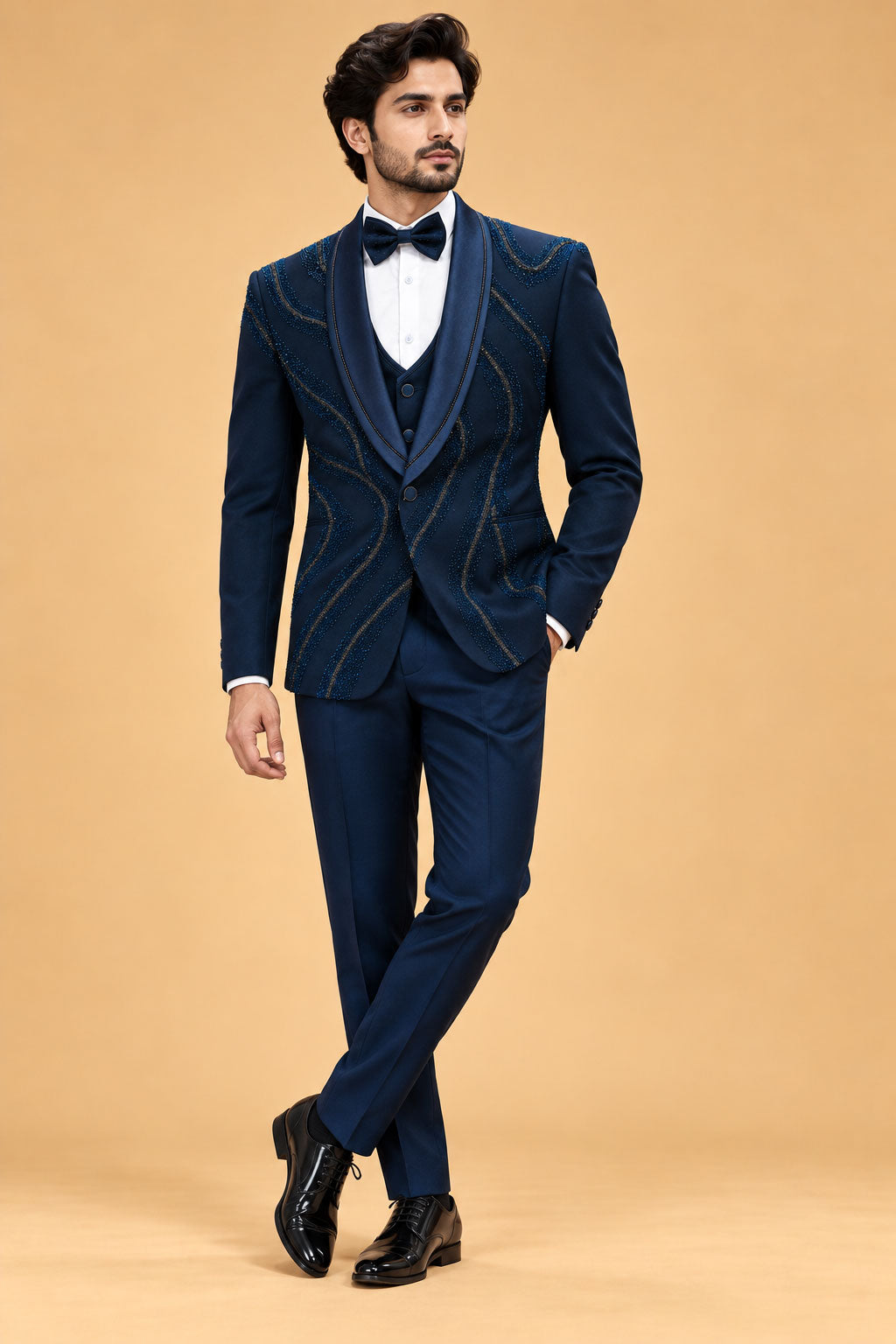Men's Premium Navy Blue Embellished Three-Piece Tuxedo Suit for Weddings & Receptions