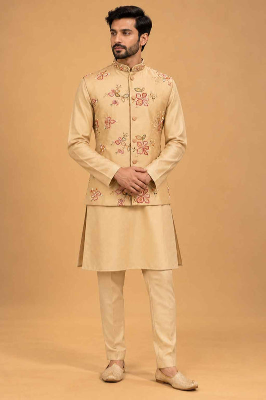 Beige nehru jacket set for men – product view 1