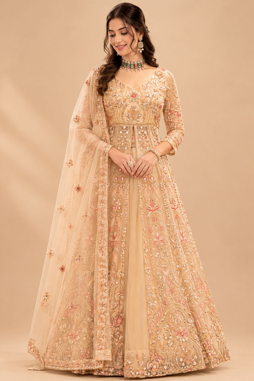 Premium Champagne Peach Embroidered Bridal Anarkali Gown with Floral Sequin Work and Net Dupatta