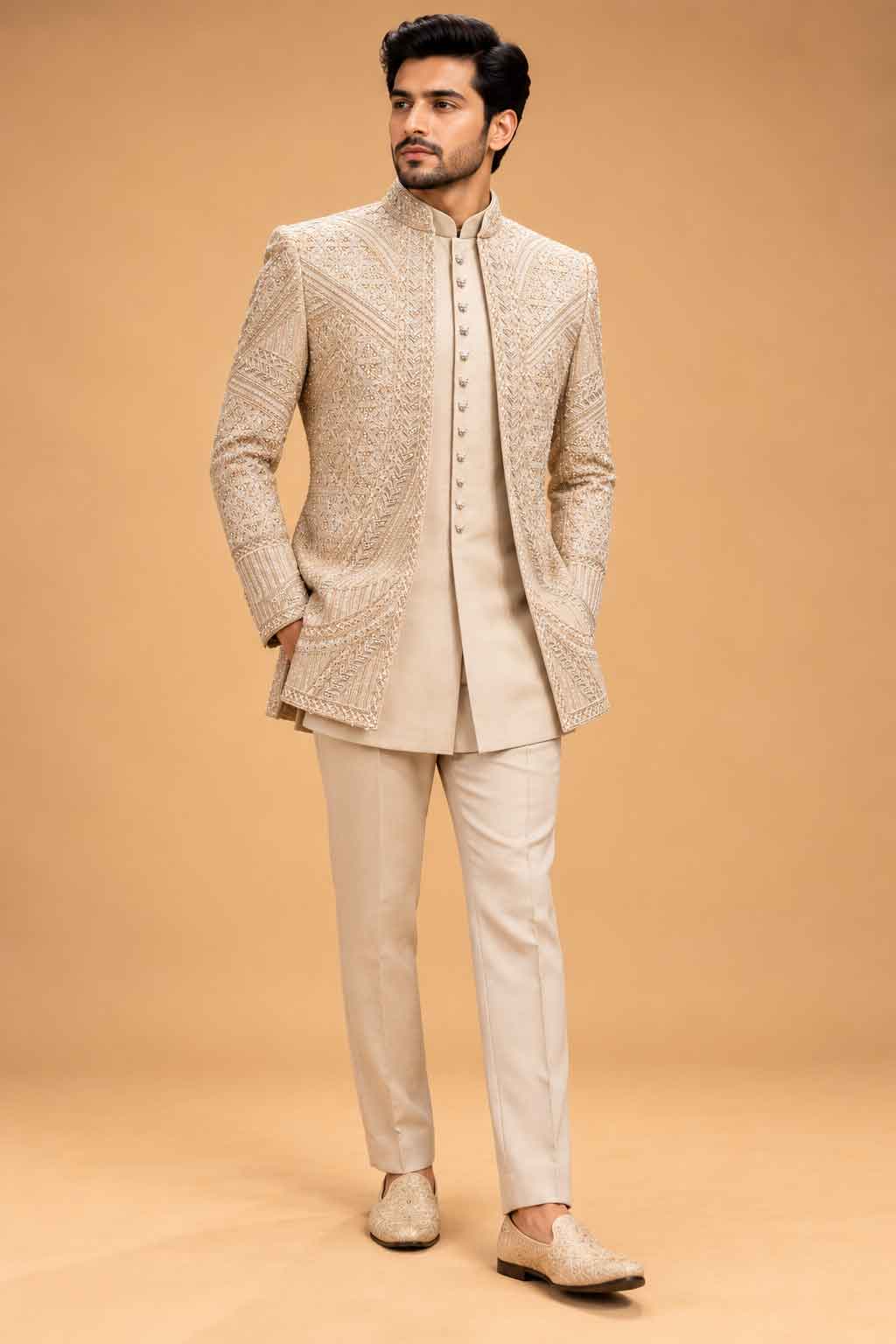 Champagne Embroidered Sherwani Set for Men – full product view