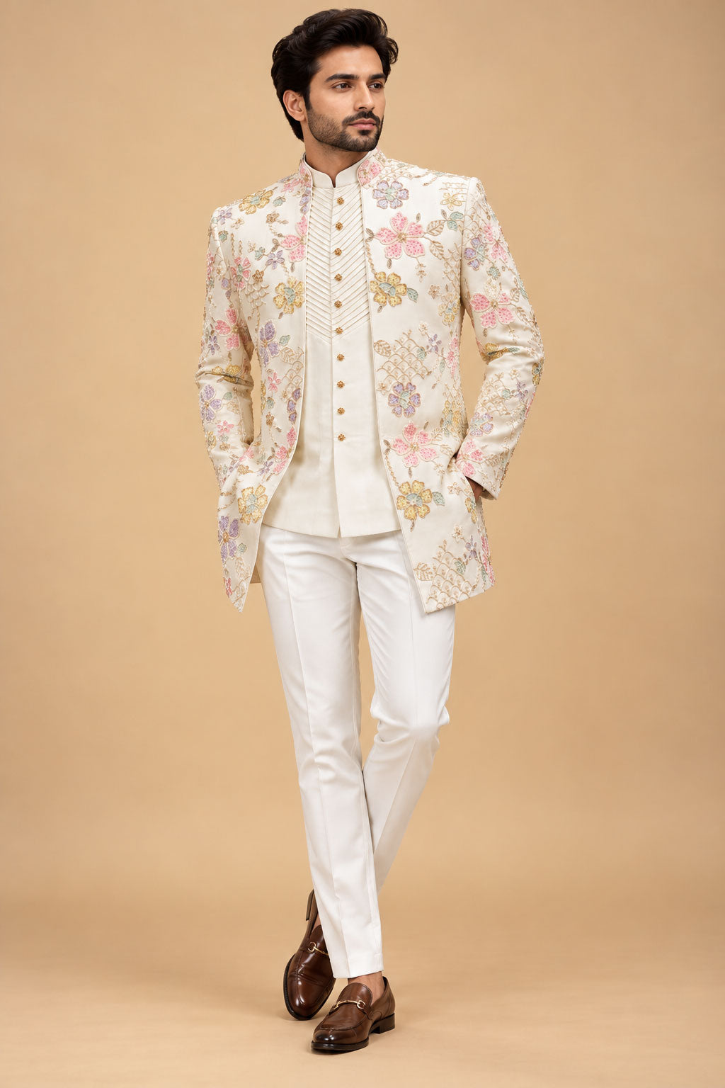Men’s Ivory Floral Embroidered Indo-Western Sherwani Set with Pastel Multicolor Detailing