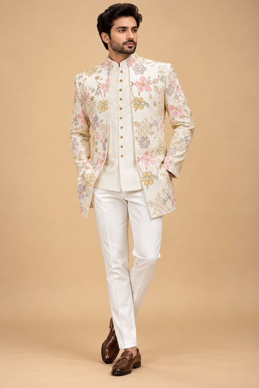 Men’s Ivory Floral Embroidered Indo-Western Sherwani Set with Pastel Multicolor Detailing