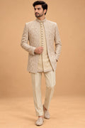 Champagne Ivory Floral Embroidered Indo-Western Sherwani Set for Men – product view 1