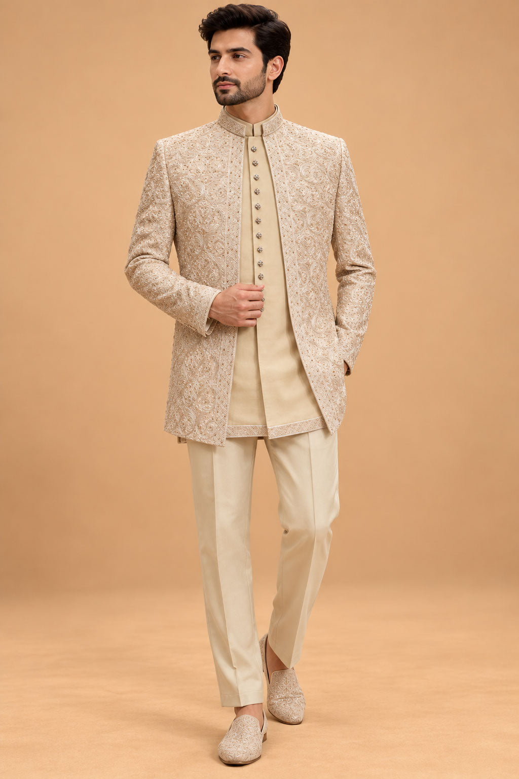 Champagne Ivory Floral Embroidered Indo-Western Sherwani Set for Men – product view 1