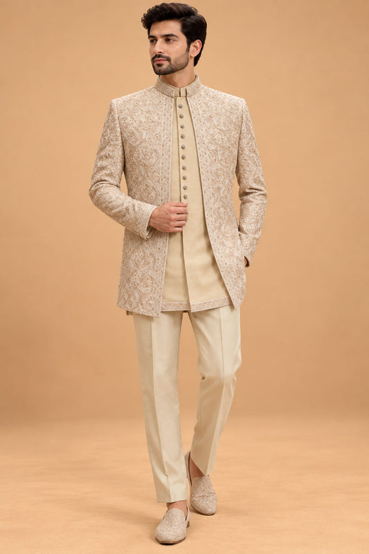 Champagne Ivory Floral Embroidered Indo-Western Sherwani Set for Men – product view 1