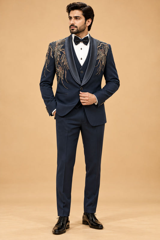 Premium Navy Blue Men's Three-Piece Tuxedo Suit with Gold Floral Embroidery and Satin Shawl Lapel