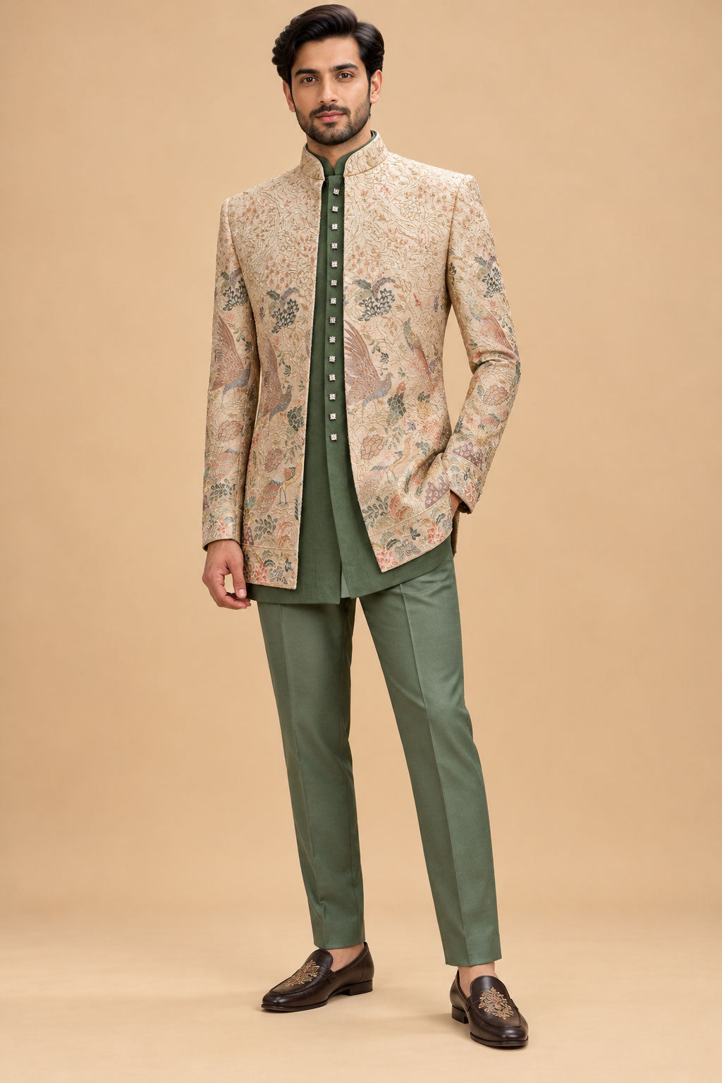 Beige floral embroidered Indo-Western sherwani with olive green kurta