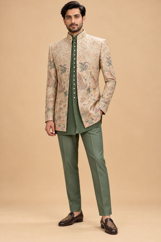 Beige floral embroidered Indo-Western sherwani with olive green kurta