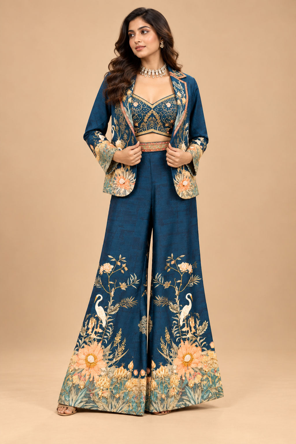 Premium Teal Blue Floral Printed Indo-Western Palazzo Set with Designer Crop Top and Jacket for Women