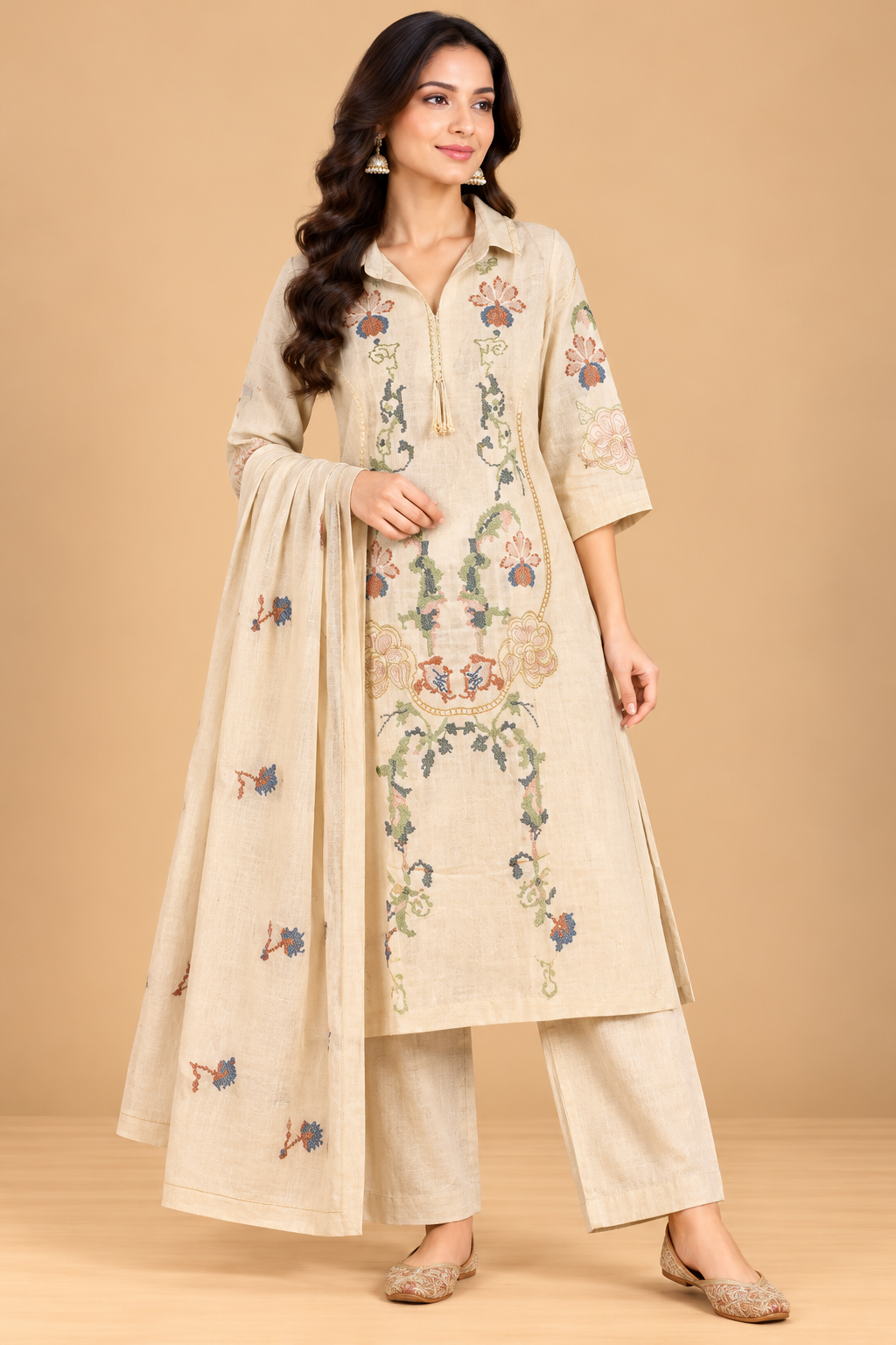 Beige Floral Embroidered Straight Kurta Palazzo Set with Dupatta for Women