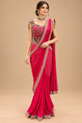 Elegant Rani Pink Designer Drape Saree with Multicolour Embroidered Blouse