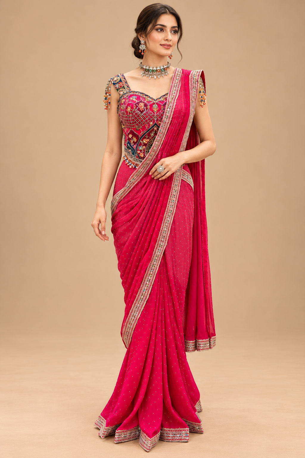 Elegant Rani Pink Designer Drape Saree with Multicolour Embroidered Blouse