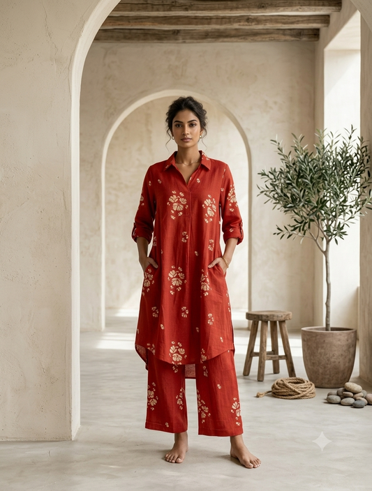 Rust red floral printed co-ord set with kurta and palazzo