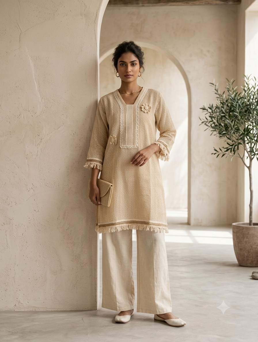 Cream Cotton Straight Kurti for Women | Textured Embroidered Ethnic Kurti with Fringe Detail