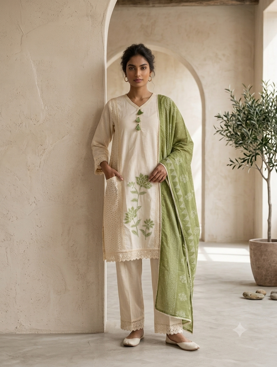 Off White & Sage Green Cotton Kurti Set for Women with Dupatta | Floral Embroidered Ethnic Suit Set