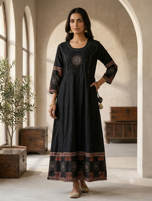 Black printed A-line cotton kurti with embroidered yoke