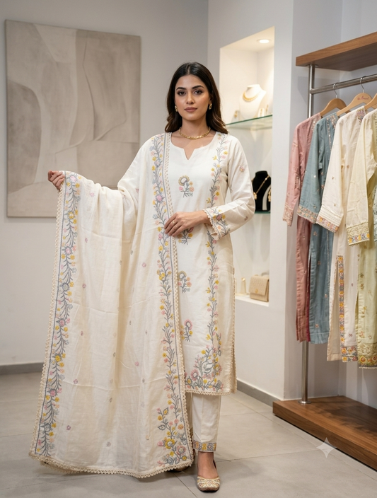 Ivory floral embroidered cotton suit set with dupatta