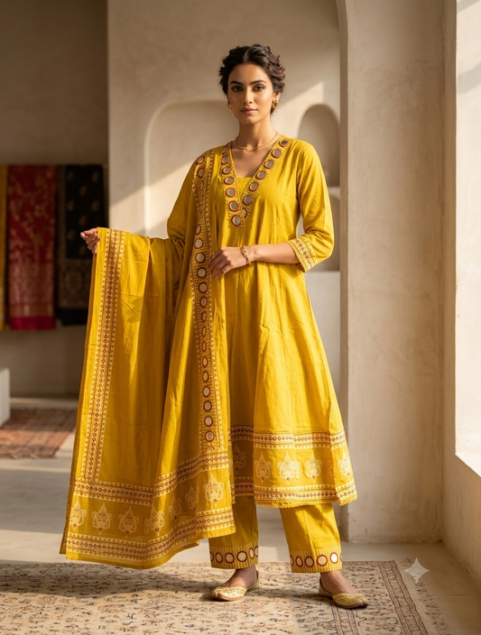 Mustard yellow embroidered cotton suit set with dupatta