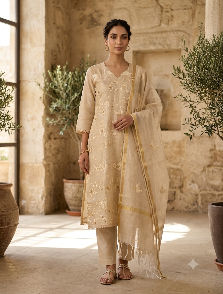 Beige Embroidered Cotton Kurti Set for Women with Dupatta | Elegant Ethnic Suit Set