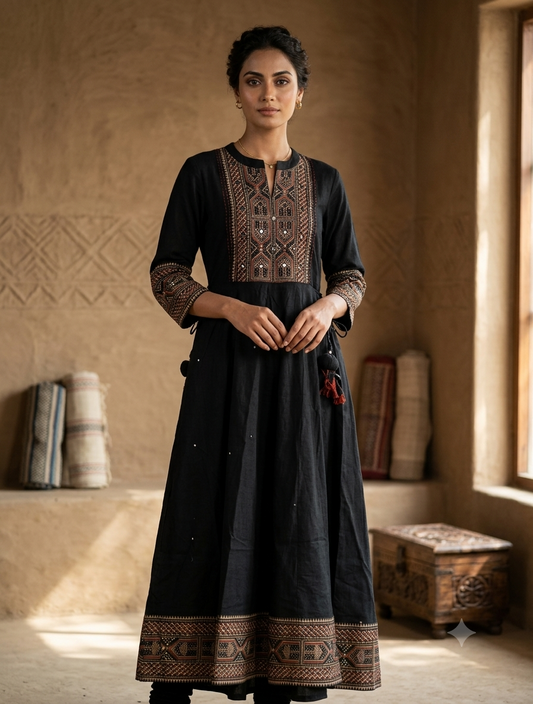 Black embroidered cotton Anarkali kurta set for women